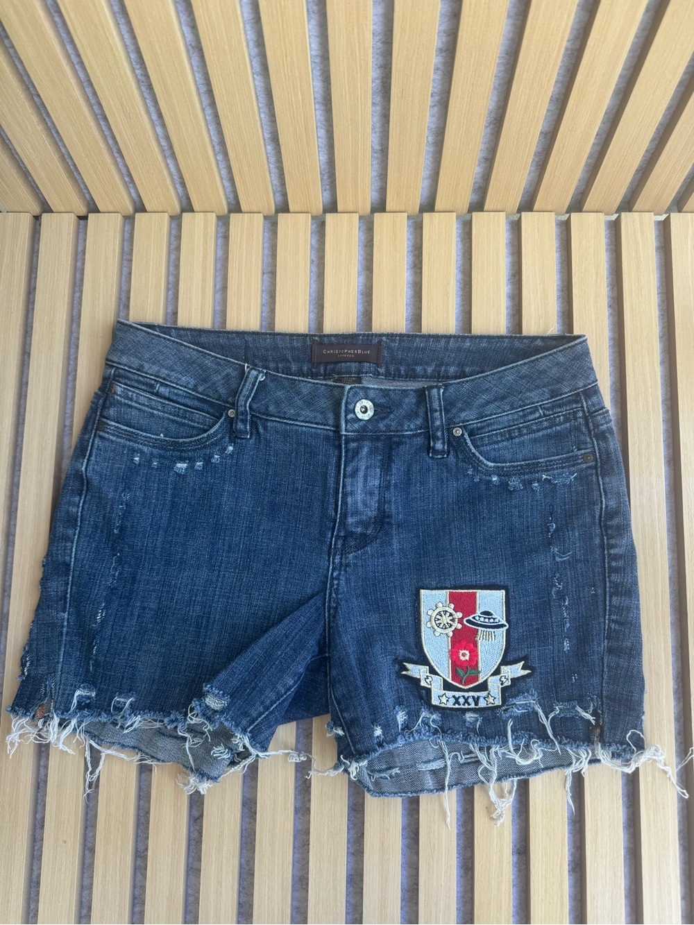 Christopher Blue Dark Blue Distressed Denim Shorts with Crest Patch